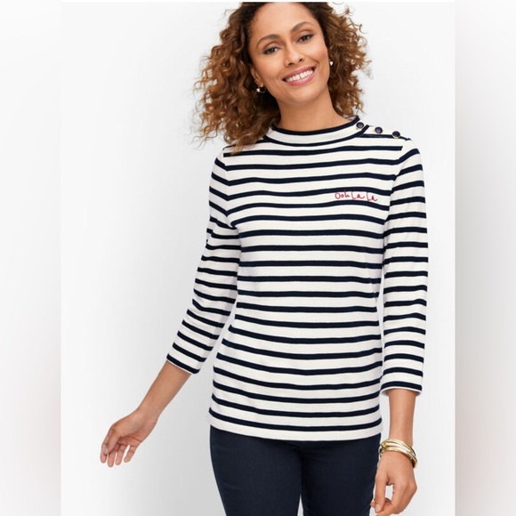 Talbots Mock Neck Button Shoulder Tee Women’s Med Navy Striped Nautical Preppy - Picture 1 of 7